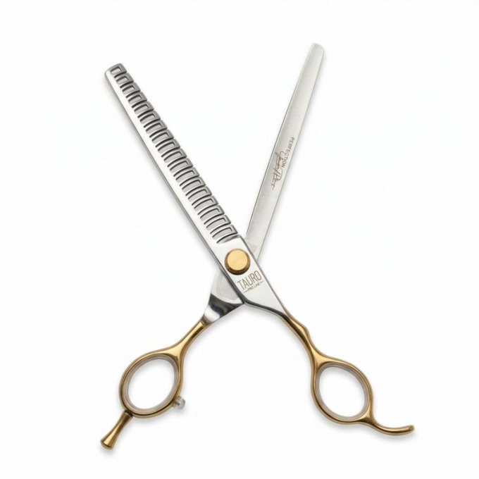 Perfection by Janita J. Plungė professional straight thinning (chunker) scissors for grooming, right-handed, stainless steel, silver with gold handles, 18 cm - 1