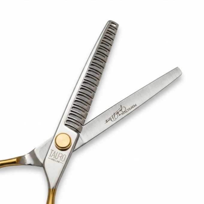 Perfection by Janita J. Plungė professional straight thinning (chunker) scissors for grooming, right-handed, stainless steel, silver with gold handles, 18 cm - 2