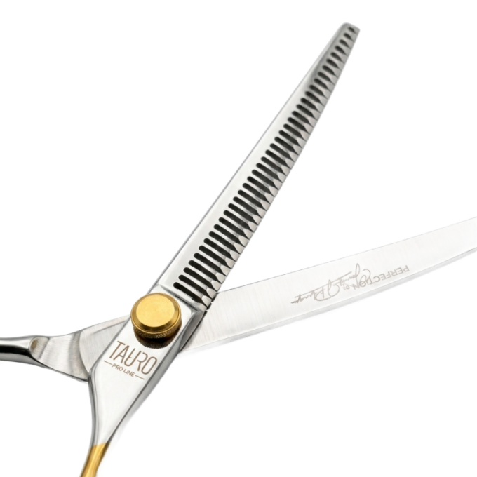 Perfection by Janita J. Plungė professional curved thinning (chunker) ciseaux de toilettage, droitier, acier inoxydable, argent avec poignées dorées, 18 cm - 1