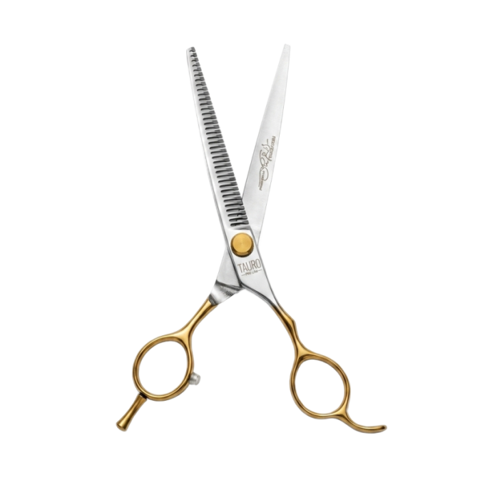 Perfection by Janita J. Plungė professional curved thinning (chunker) ciseaux de toilettage, droitier, acier inoxydable, argent avec poignées dorées, 18 cm - 2