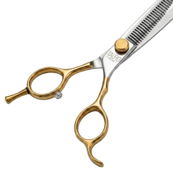 Perfection by Janita J. Plungė professional curved thinning (chunker) ciseaux de toilettage, droitier, acier inoxydable, argent avec poignées dorées, 18 cm - 4