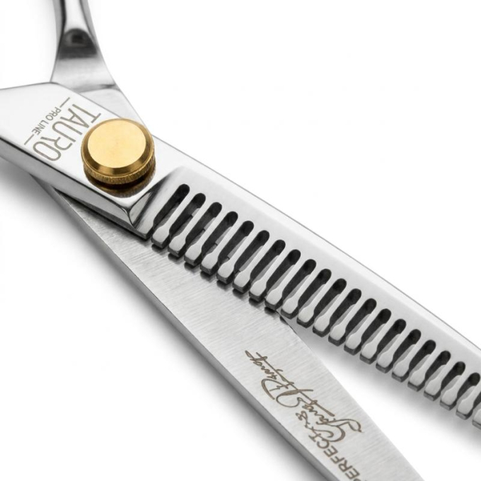 Perfection by Janita J. Plungė professional curved thinning (chunker) ciseaux de toilettage, droitier, acier inoxydable, argent avec poignées dorées, 18 cm - 5