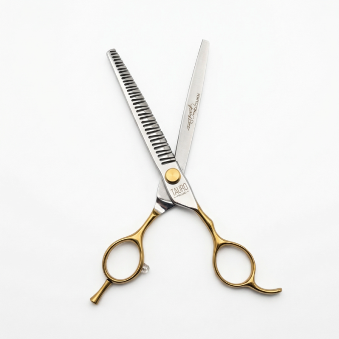 Perfection by Janita J. Plungė professional straight thinning (chunker) scissors for grooming, right-handed, stainless steel, silver with gold handles, 18 cm - 1