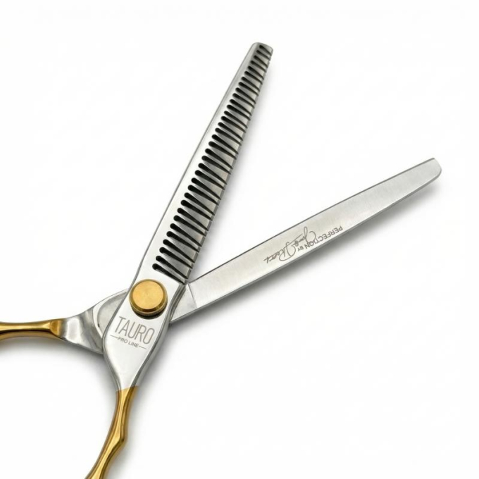 Perfection by Janita J. Plungė professional straight thinning (chunker) scissors for grooming, right-handed, stainless steel, silver with gold handles, 18 cm - 2