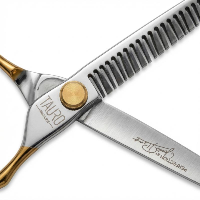Perfection by Janita J. Plungė professional straight thinning (chunker) scissors for grooming, right-handed, stainless steel, silver with gold handles, 18 cm - 3