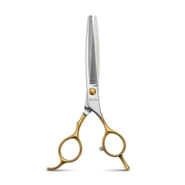 Perfection by Janita J. Plungė professional curved thinning scissors for grooming, droitier, acier inoxydable, argent avec poignées dorées, 18 cm