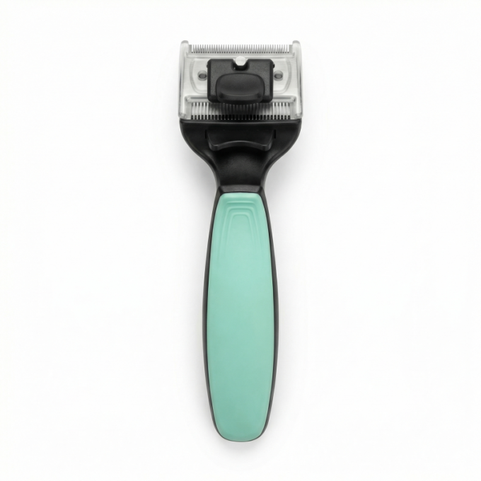 грабли для ухода за домашними животными для вычесывания шерсти с вращающимися двойными лезвиями из нержавеющей стали (45 мм x 40 мм), расстояние между зубьями 0,8 мм и 0,6 мм, черные с зеленоватой ручкой - 0