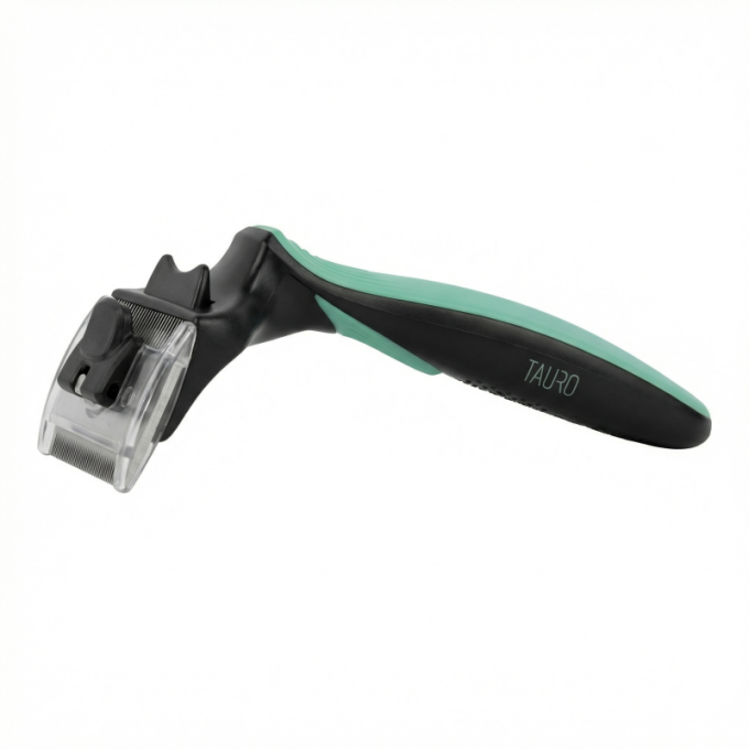 грабли для ухода за домашними животными для вычесывания шерсти с вращающимися двойными лезвиями из нержавеющей стали (45 мм x 40 мм), расстояние между зубьями 0,8 мм и 0,6 мм, черные с зеленоватой ручкой - 3