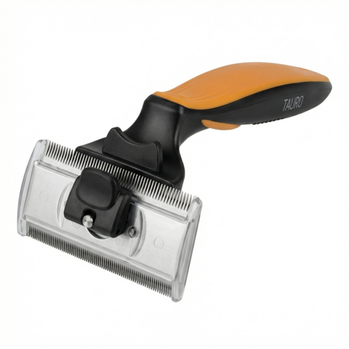 грабли для ухода за животными для вычесывания шерсти с вращающимися двойными лезвиями из нержавеющей стали (76 мм x 40 мм), расстояние между зубьями 0,8 мм и 0,6 мм, черные с оранжевой ручкой - 1