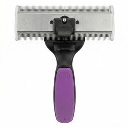 грабли для ухода за животными для вычесывания шерсти с вращающимися двойными лезвиями из нержавеющей стали (110 мм x 40 мм), расстояние между зубьями 0,8 мм и 0,6 мм, черные с фиолетовой ручкой