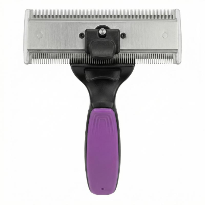 грабли для ухода за животными для вычесывания шерсти с вращающимися двойными лезвиями из нержавеющей стали (110 мм x 40 мм), расстояние между зубьями 0,8 мм и 0,6 мм, черные с фиолетовой ручкой - 0
