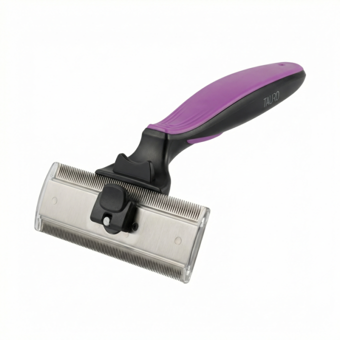 грабли для ухода за животными для вычесывания шерсти с вращающимися двойными лезвиями из нержавеющей стали (110 мм x 40 мм), расстояние между зубьями 0,8 мм и 0,6 мм, черные с фиолетовой ручкой - 1