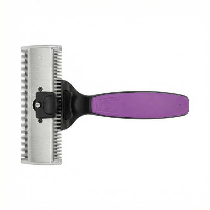 грабли для ухода за животными для вычесывания шерсти с вращающимися двойными лезвиями из нержавеющей стали (110 мм x 40 мм), расстояние между зубьями 0,8 мм и 0,6 мм, черные с фиолетовой ручкой - 2