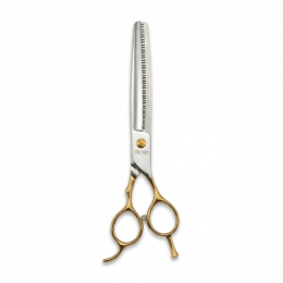 Perfection by Janita J. Plungė professional curved thinning (chunker) scissors for grooming, right-handed, stainless steel, silver with gold handles, 18 cm