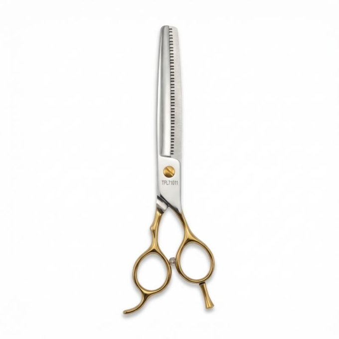 Perfection by Janita J. Plungė professional curved thinning (chunker) scissors for grooming, right-handed, stainless steel, silver with gold handles, 18 cm - 0