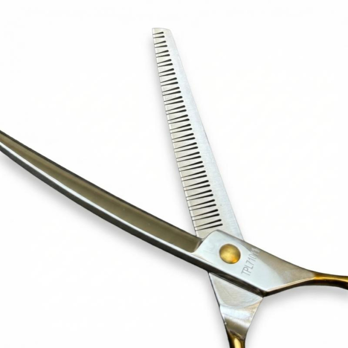 Perfection by Janita J. Plungė professional curved thinning (chunker) scissors for grooming, right-handed, stainless steel, silver with gold handles, 18 cm - 2