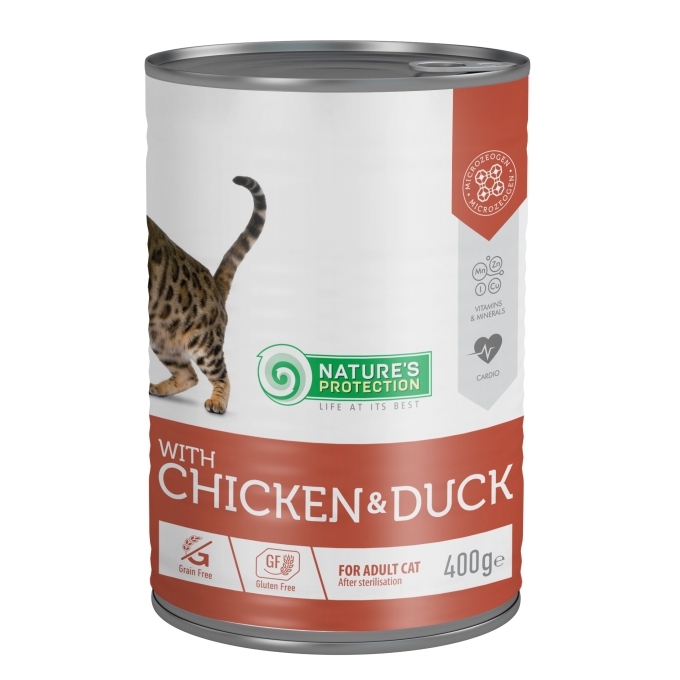 dosenfutter für sterilisierte erwachsene Katzen mit Huhn und Ente - 0
