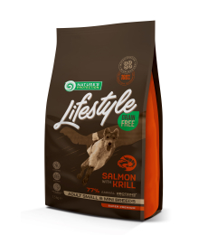 droogvoer zonder granen voor volwassen honden van kleine en minirassen met zalm en krill 