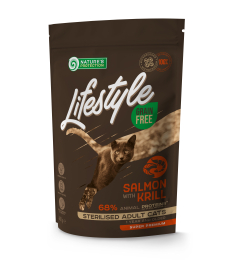 aliment sec sans céréales pour chats adultes avec saumon et krill après stérilisation