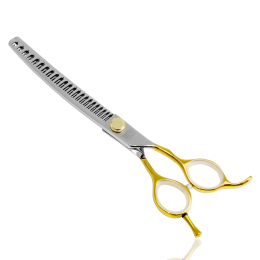 cutting scissors "Perfection by Janita J. Plunge", curved, thinning (chunker), 23 teeth, 440c stainless steel, golden color, 18 cm (7'')