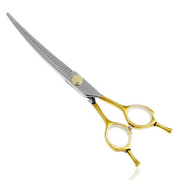 cutting scissors "Perfection by Janita J. Plunge", curved, thinning (chunker), 32 teeth, 440c stainless steel, golden color