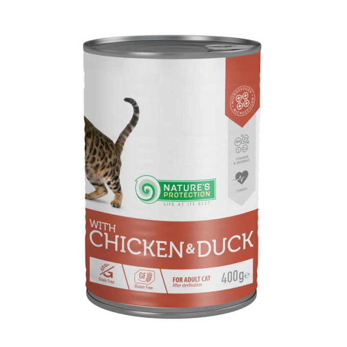 dosenfutter für sterilisierte erwachsene Katzen mit Huhn und Ente - 1