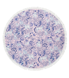 round microfiber towel, unique design, pink with blue details and fringes