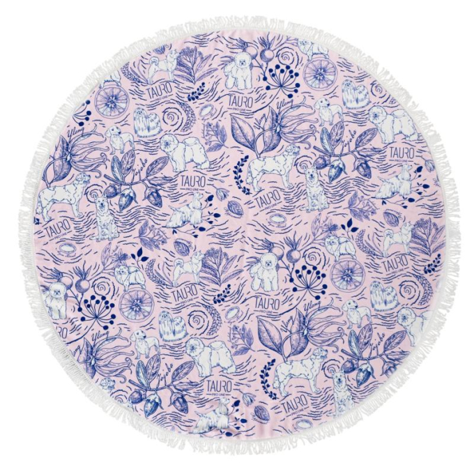 asciugamano rotondo in microfibra, design unico, rosa con dettagli e frange blu - 0