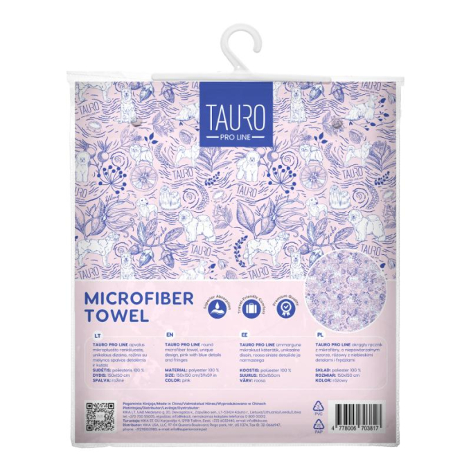 asciugamano rotondo in microfibra, design unico, rosa con dettagli e frange blu - 2