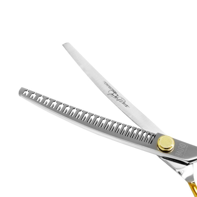 cutting scissors &quot;Perfection by Janita J. Plunge&quot;, curved, thinning (chunker), 23 teeth, 440c stainless steel, golden color, 18 cm (7&#039;&#039;) - 1