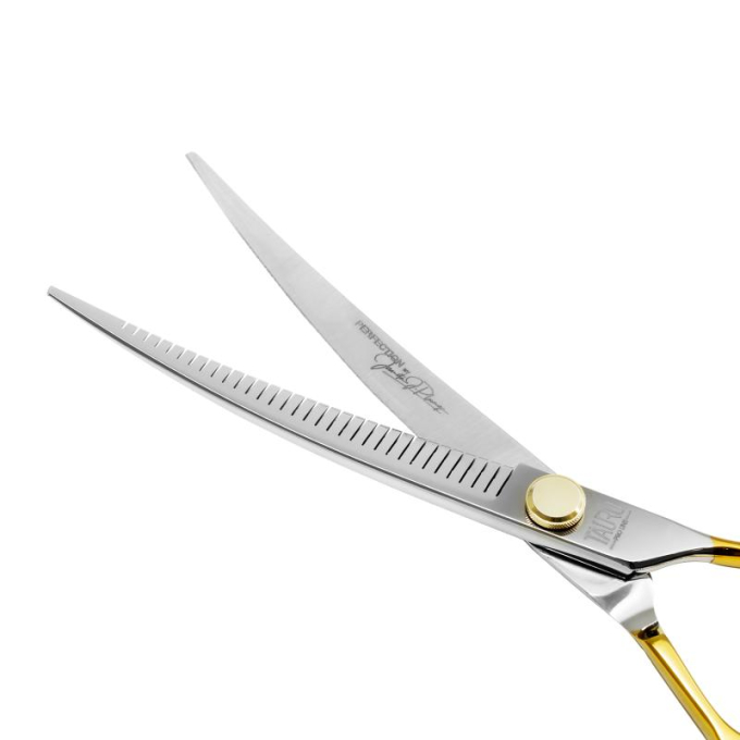 cutting scissors &quot;Perfection by Janita J. Plunge&quot;, curved, thinning (chunker), 32 teeth, 440c stainless steel, golden color - 1