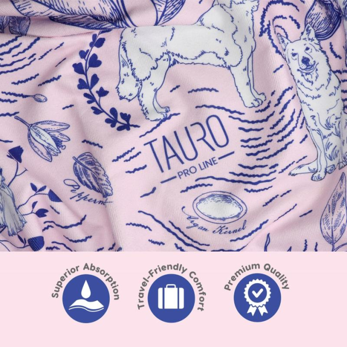 round microfiber towel, unique design, pink with blue details and fringes - 5