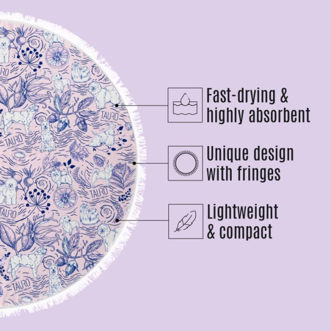 round microfiber towel, unique design, pink with blue details and fringes - 9