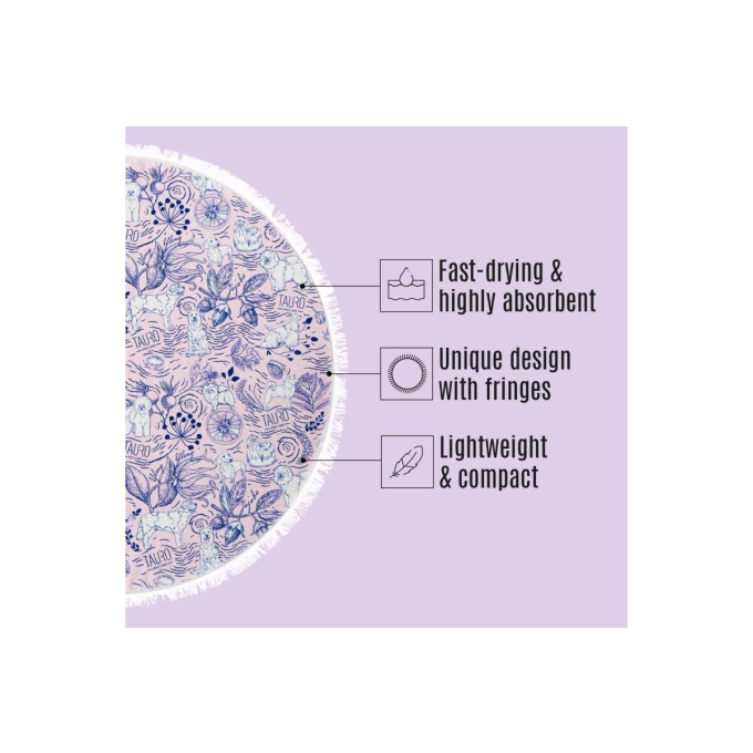 round microfiber towel, unique design, pink with blue details and fringes - 9